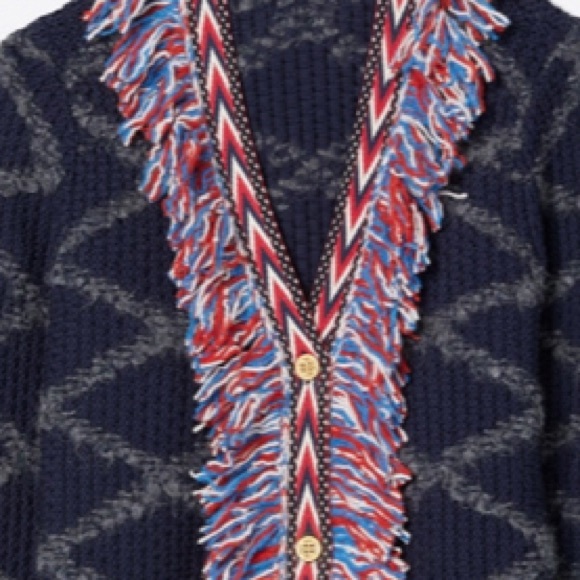 TORY BURCH TWEED TRIM LONG WOOL CARDIGAN WITH ALLOVER FRINGE IN TORY NAVY SIZE S - Picture 7 of 8